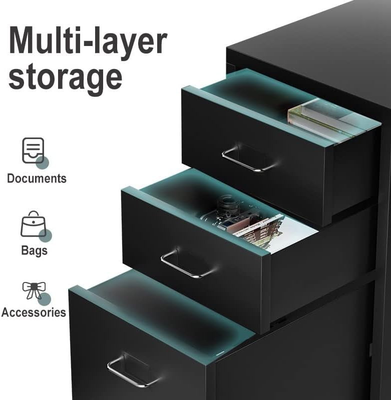 Black Desktop Filing Cabinet 3 Drawer 48cm Rolling Metal Storage