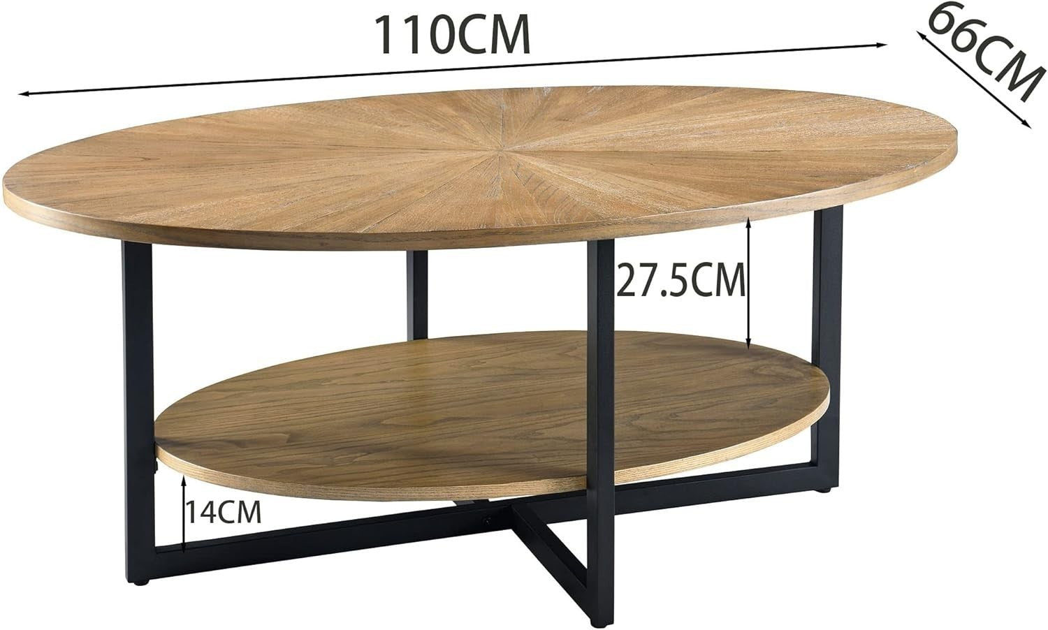 Rustic Brown Oval Coffee Table with Cross Metal Legs & 2-Tier Shelf 110cm