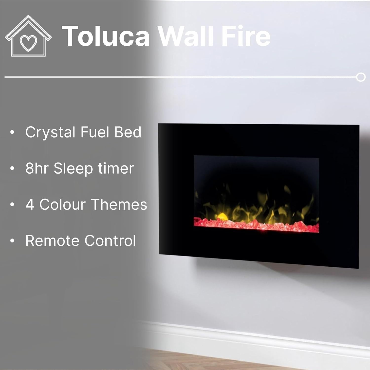 Wall Mounted Electric Fireplace Black Glass LED Flame 2kW Heater Timer