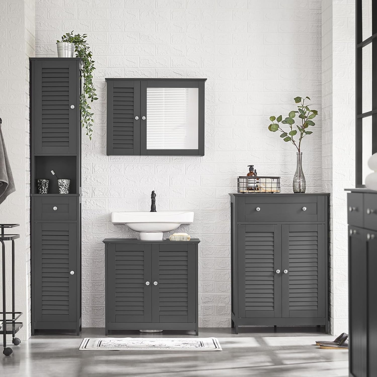 Dark Grey Under Sink Bathroom Cabinet with Shutter Doors & Adjustable Shelf