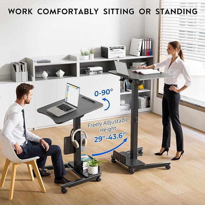 Mobile Standing Desk Adjustable Height Rolling Laptop Table 60x52cm Black