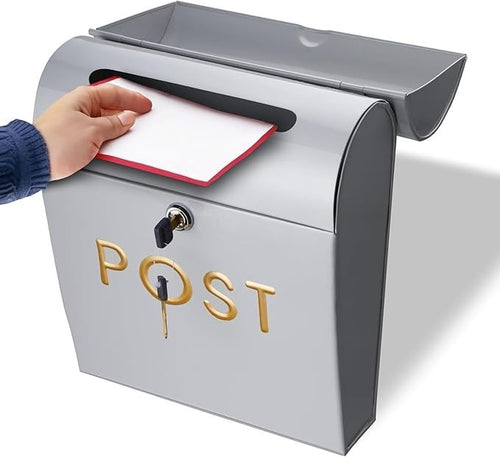 Lockable Wall Mounted Post Box Grey Aluminium Mailbox Secure Outdoor Use