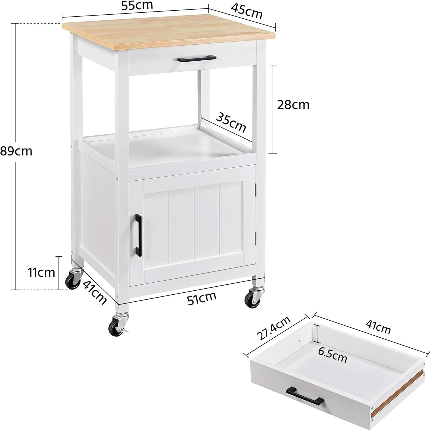 Kitchen Island Trolley on Wheels with Cabinet Drawer Hooks Rolling Serving Cart