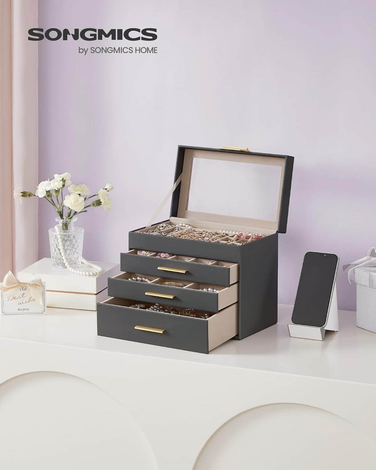 Grey Gold Jewellery Box Glass Lid 4 Layer Organizer with Drawers