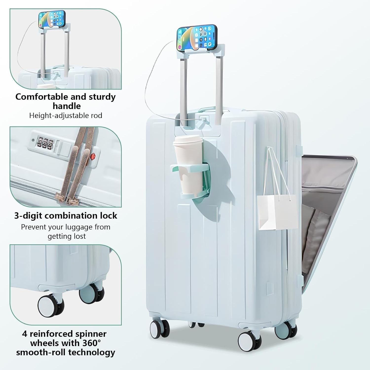 Ultramarine 20” Cabin Hard Shell Suitcase USB Port Spinner Wheels