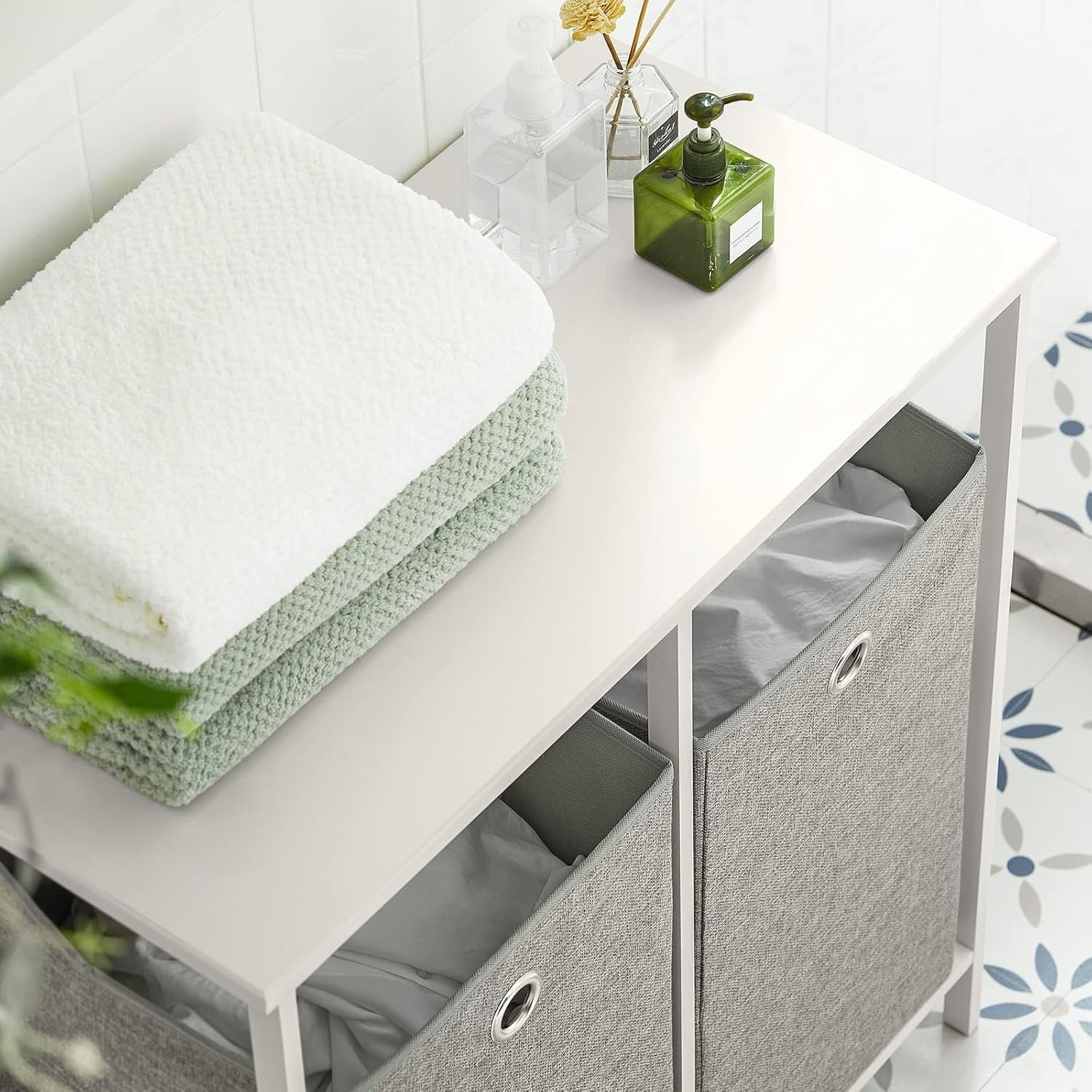 Slim Bathroom Laundry Cabinet with 2 Foldable Baskets Storage Unit Organizer