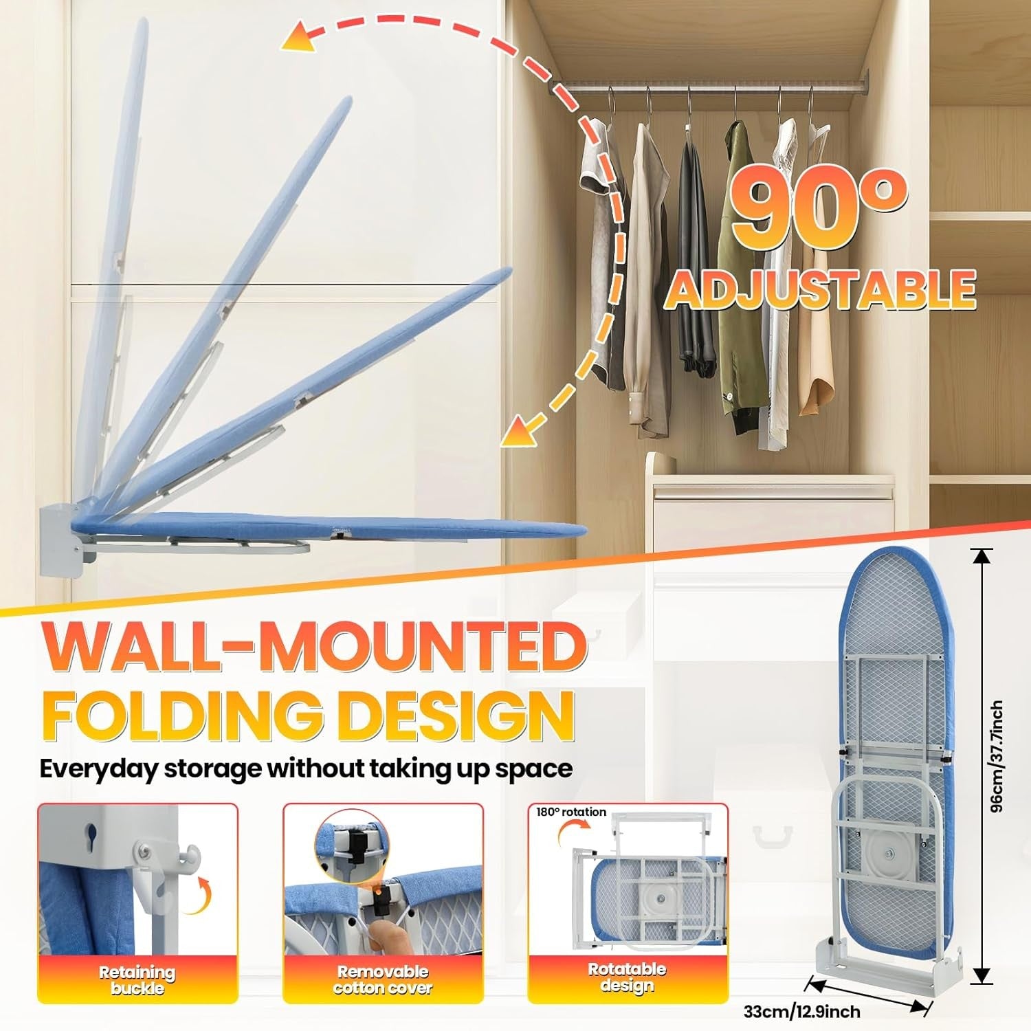 Wall Mounted Folding Ironing Board 180° Rotating Heat Resistant Cover