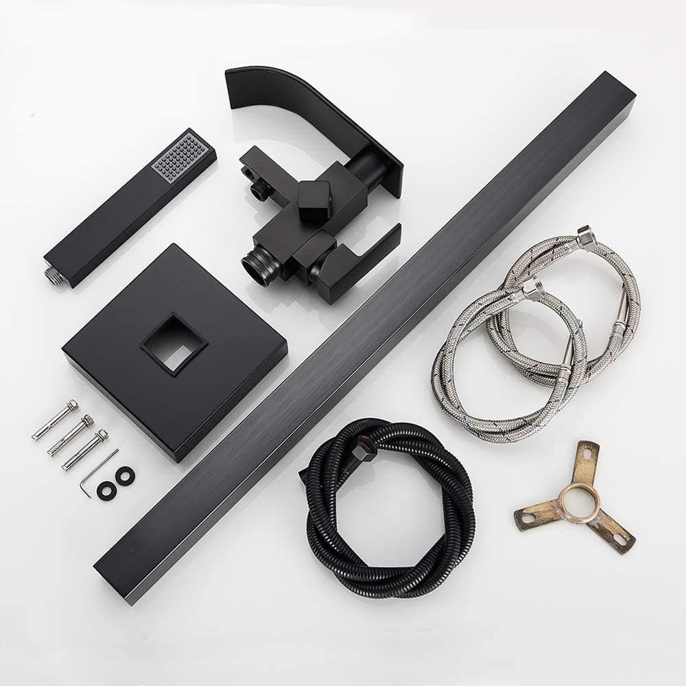 Black Freestanding Bath Mixer Tap with Handheld Shower Head Brass Floor Mount