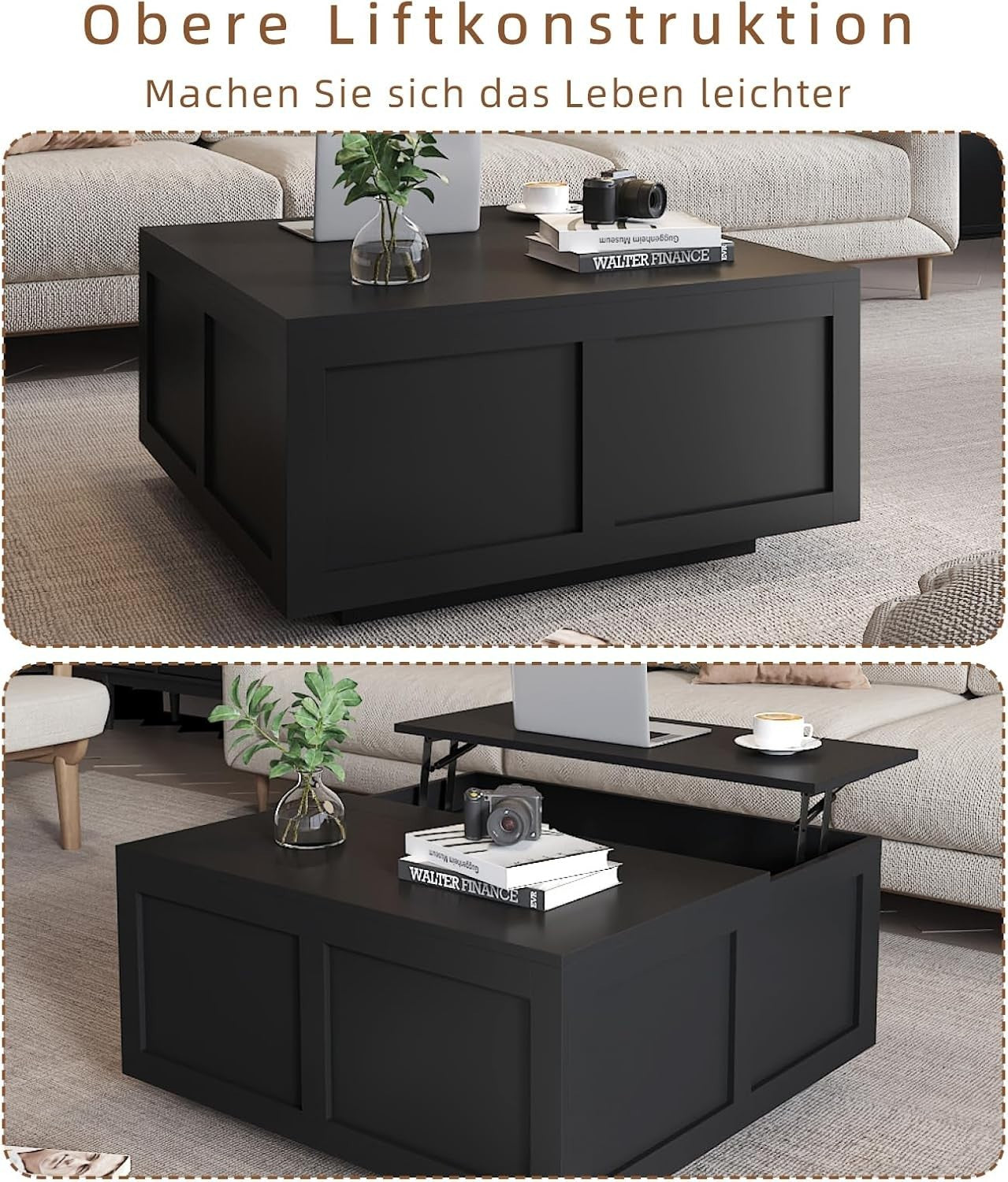 Lift Top Coffee Table with Storage, Hydraulic Lift, Hidden Compartments, Black