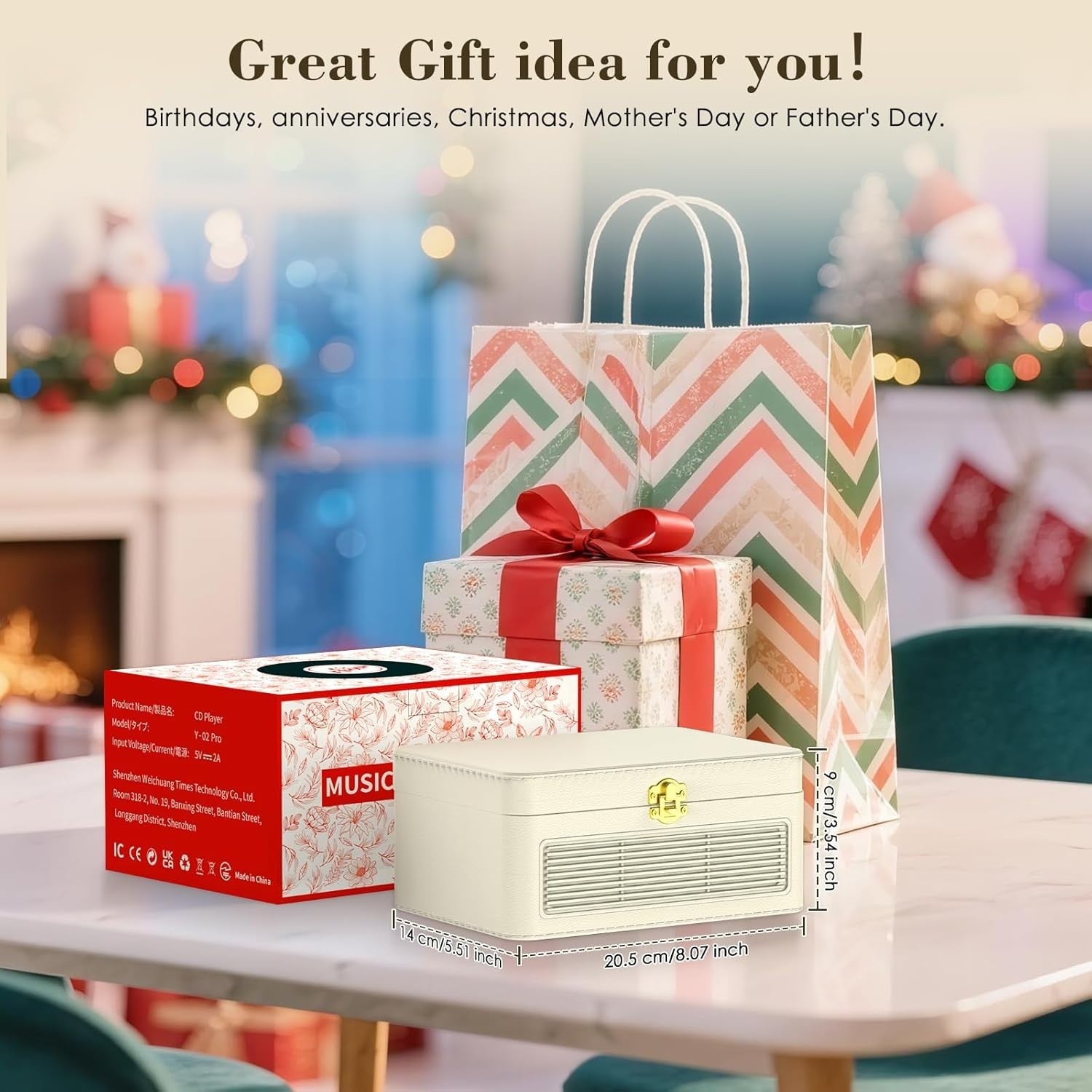 Retro Bluetooth CD Player FM Radio USB AUX HiFi Speakers White PU