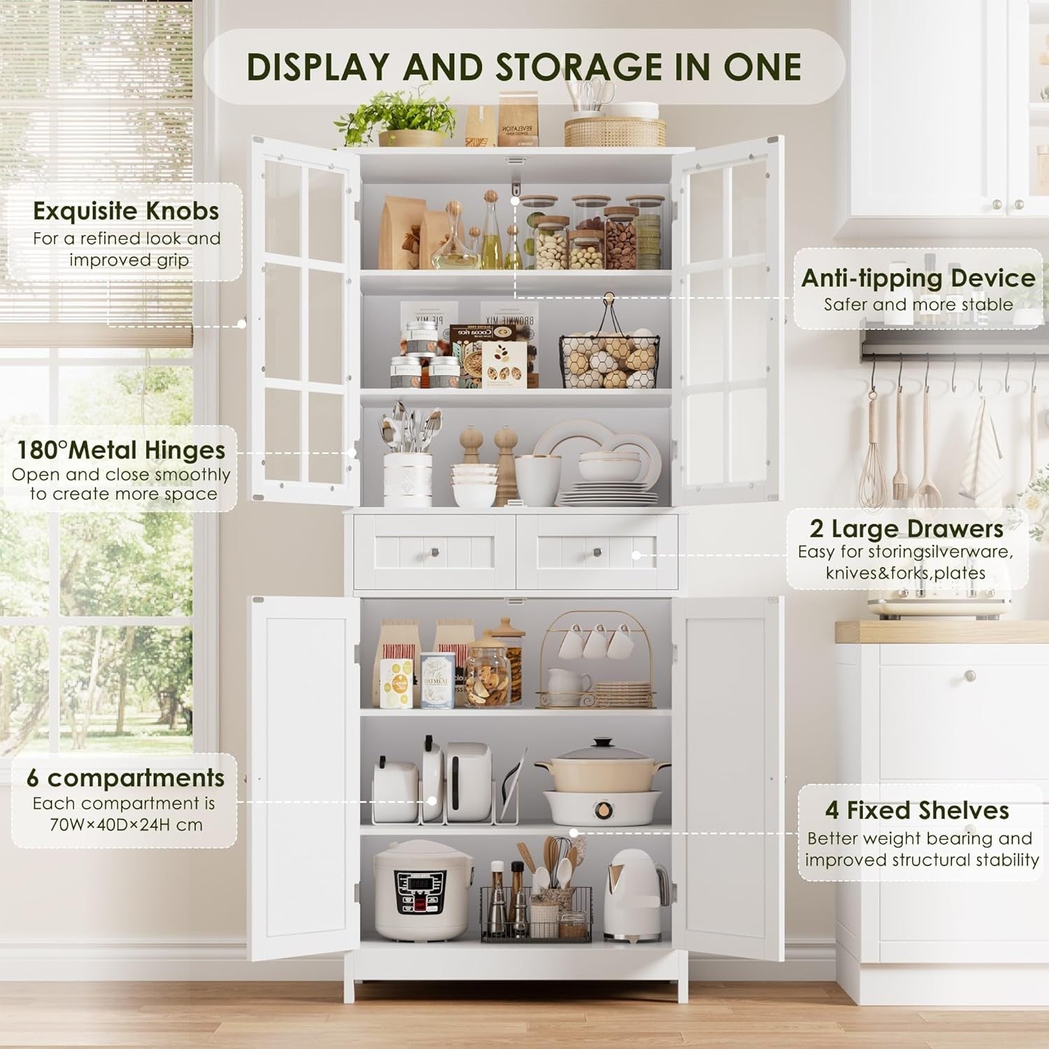 White Freestanding Kitchen Storage Cabinet with Glass Doors & Drawers