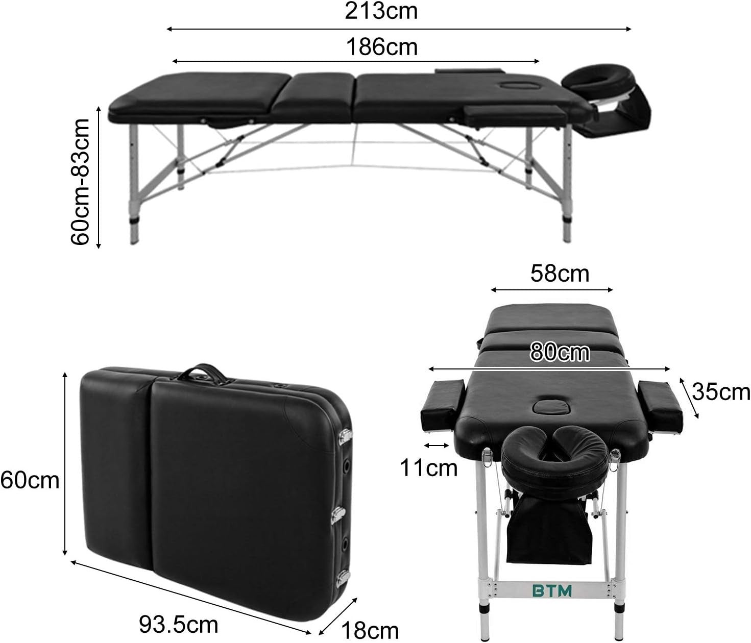 Portable Aluminum Massage Table Folding Beauty Spa Bed Adjustable White 80cm