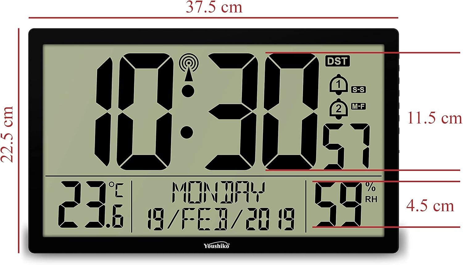 XXL 14.76" Jumbo LCD Radio Controlled Wall Clock w/ Temp & Humidity