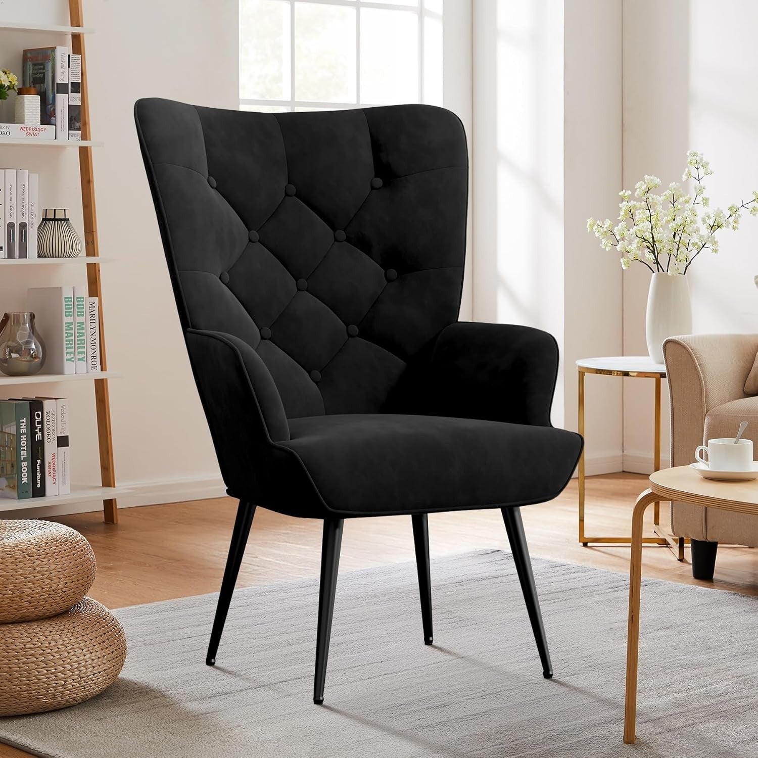 Black Velvet Wingback Armchair Gold Legs Comfy Lounge Chair Bedroom