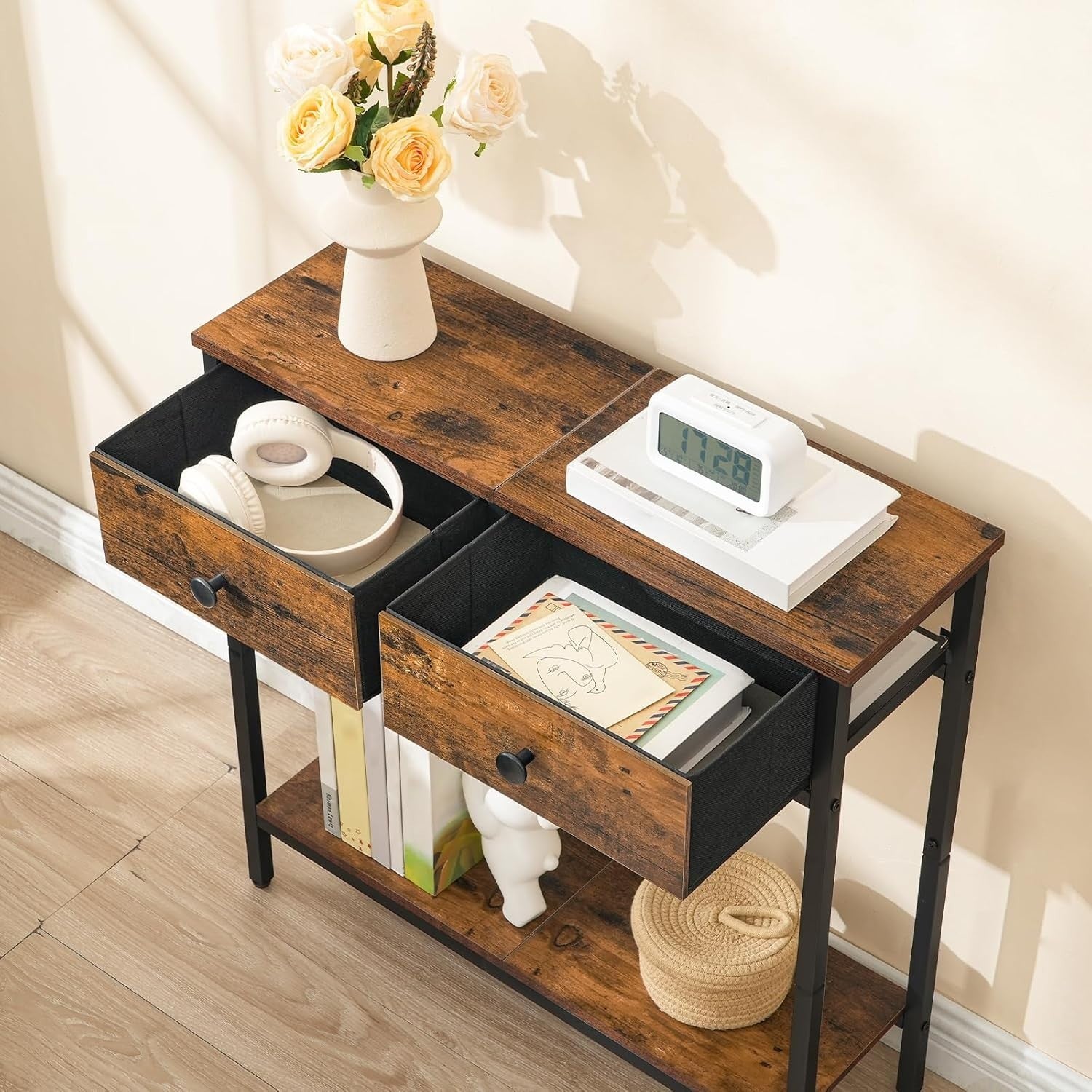 Slim Console Table with Storage Drawers & Shelf, Industrial Rustic Look