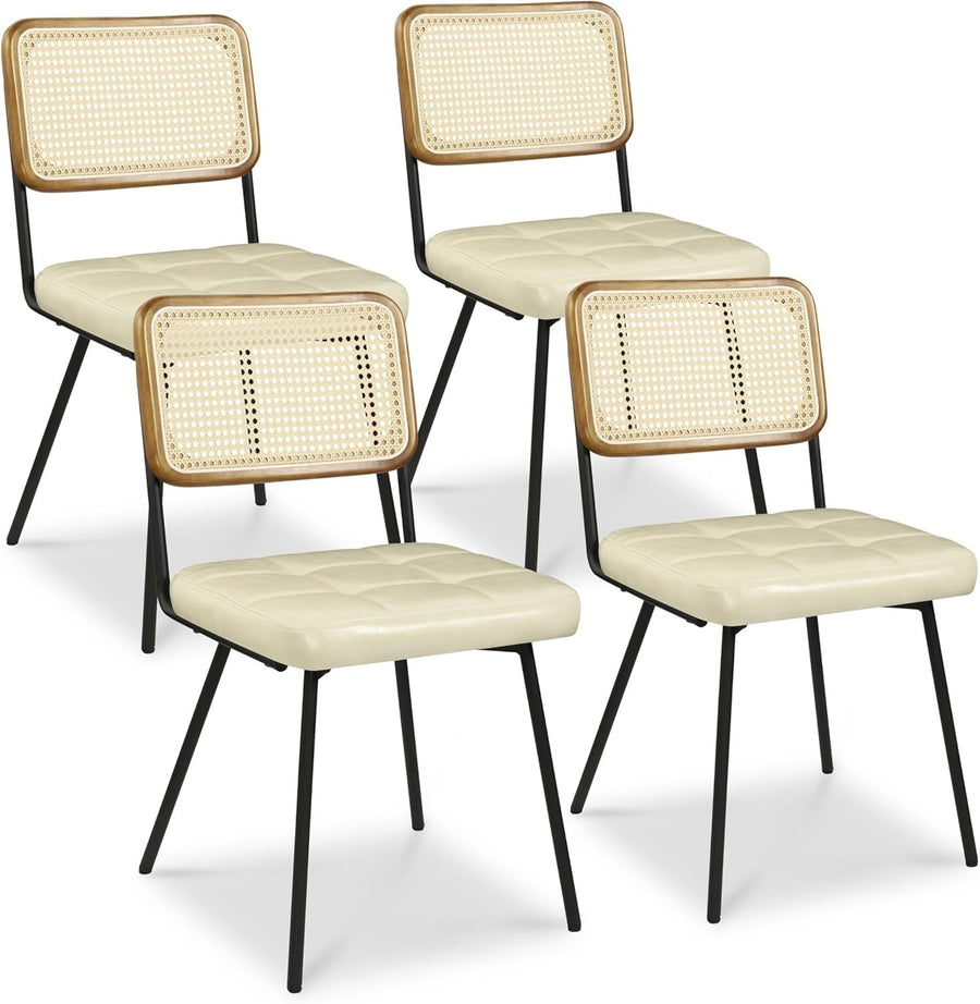 Set of 4 Rattan Dining Chairs Cushioned Cane Back Modern Kitchen Seating Beige