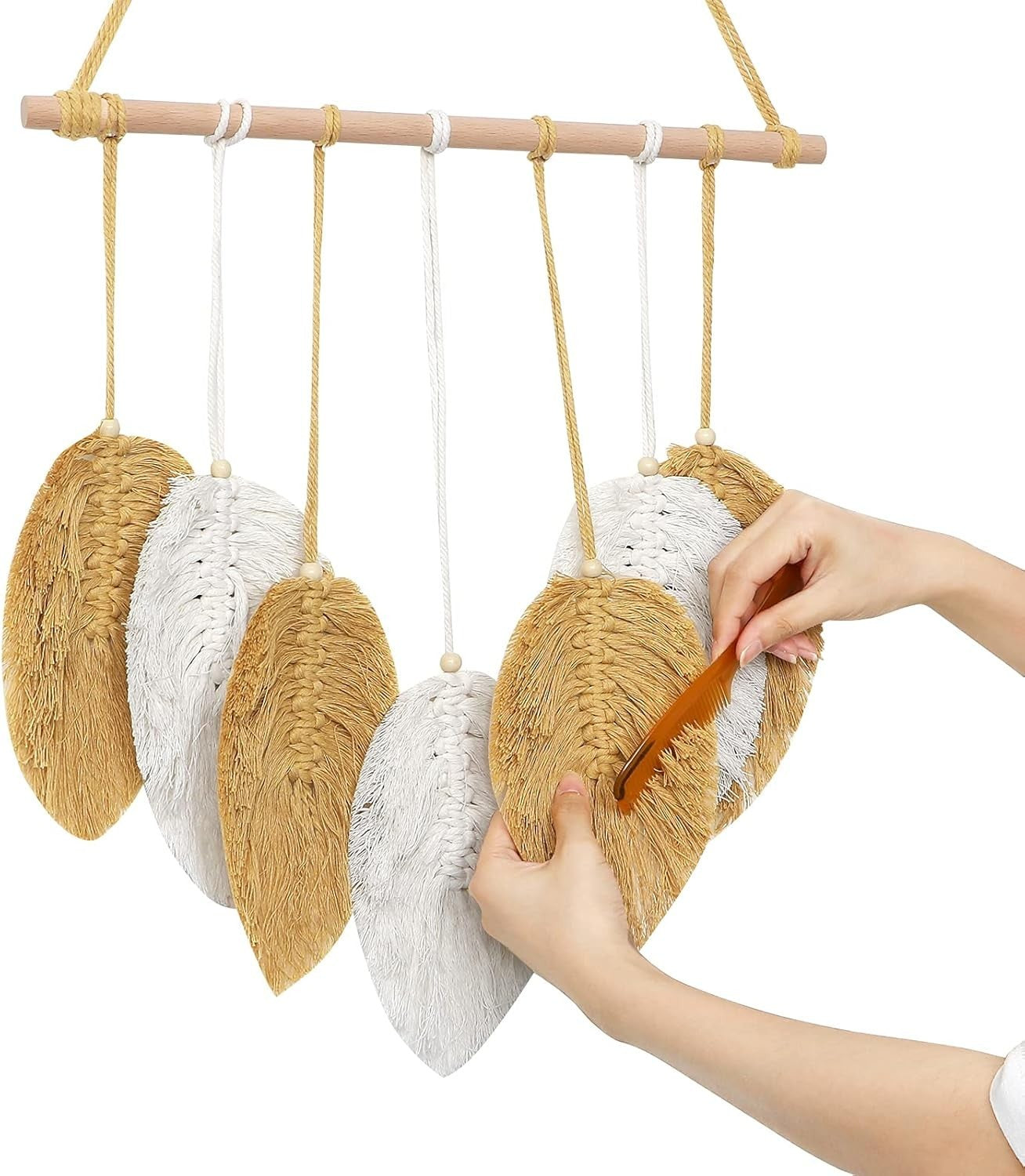 Yellow Macrame Wall Hanging Boho Leaf Feather Tapestry 40x45cm