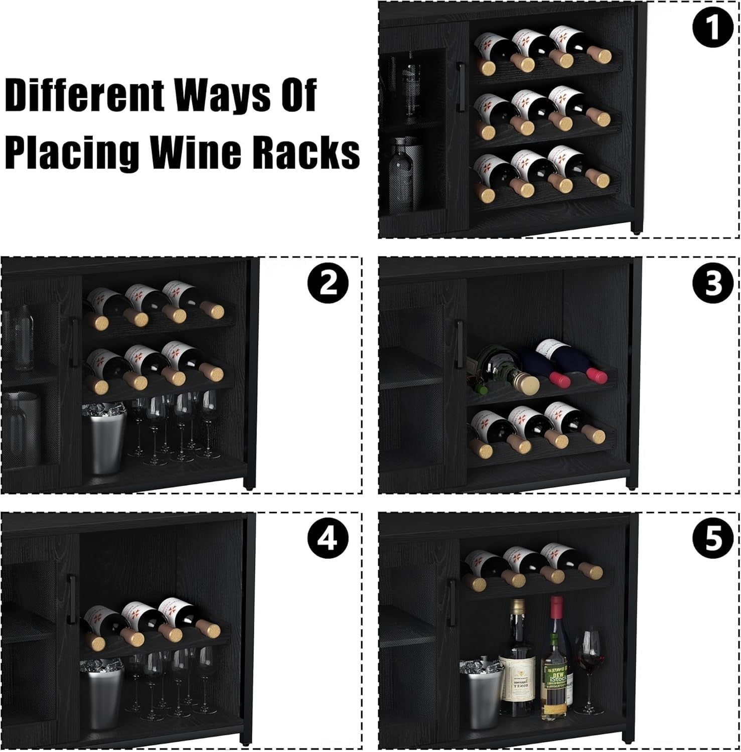 3 Tier Wine Bar Cabinet with Glass Rack & Storage Shelves for Home Kitchen Black