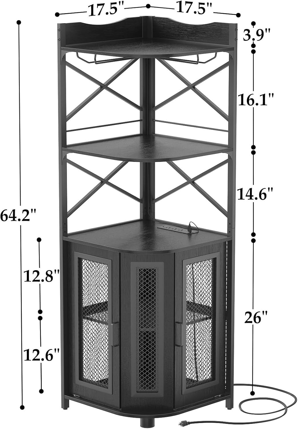Corner Bar Cabinet with LED Lights & Power Outlets, 5-Tier Liquor Display