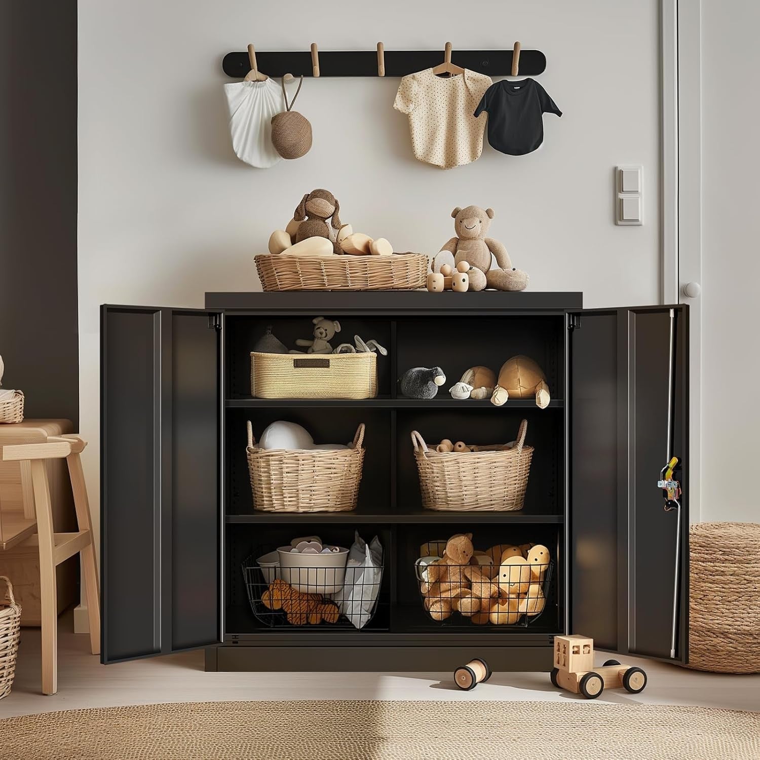 Metal Storage Cabinet Black Lockable Cupboard 2 Door Adjustable Shelves 90cm