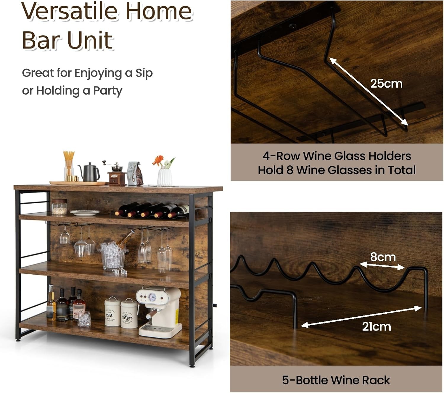 Industrial Kitchen Island Bar Table with Wine Rack Rustic Brown 120x60cm