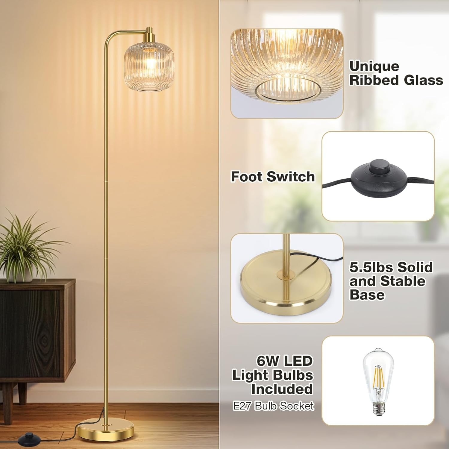 Modern Floor Lamp Tall Standing Light Pedal Switch Glass Shade Living Room