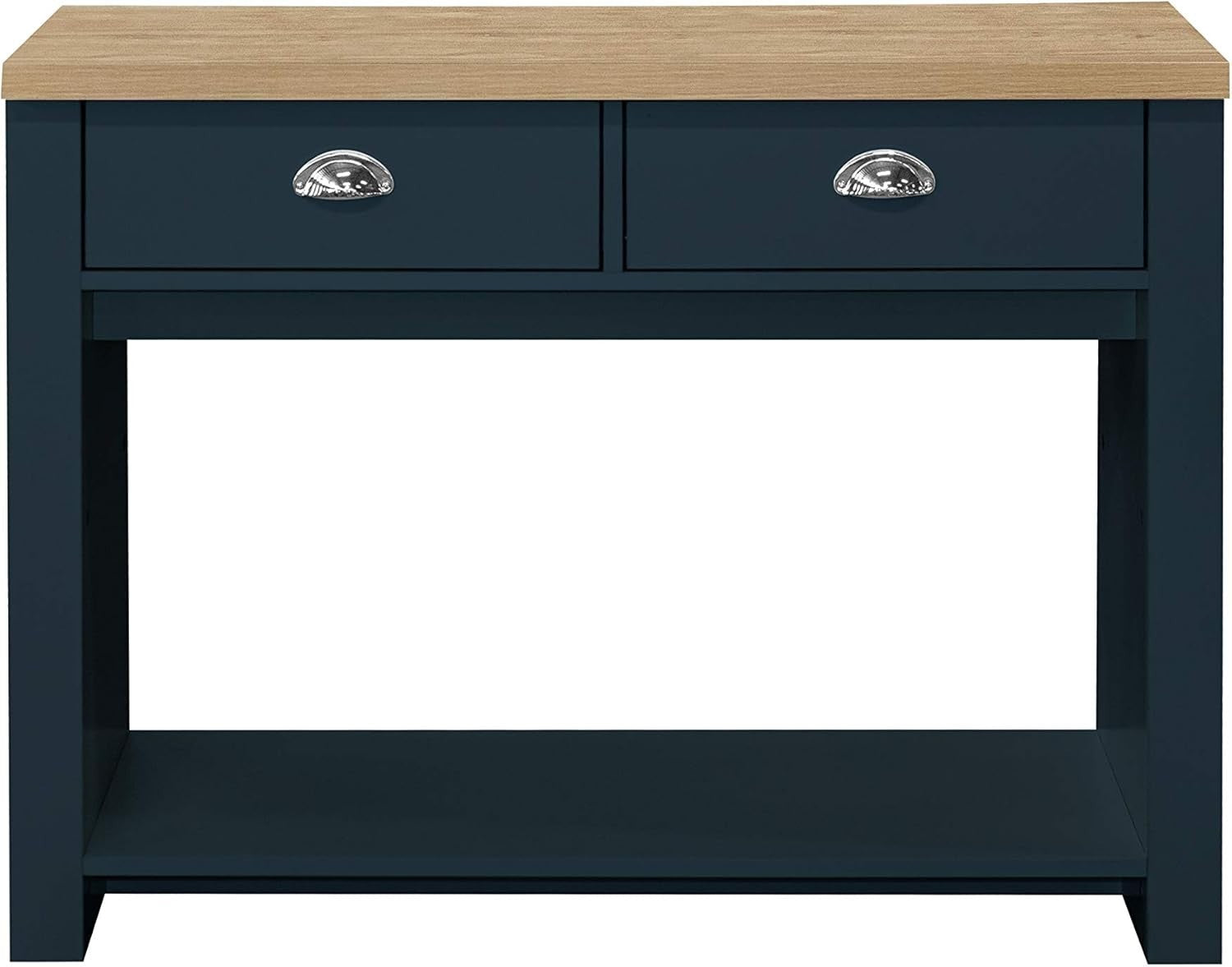 Navy Blue 2 Drawer Console Table Oak Top - Farmhouse Storage Shelf