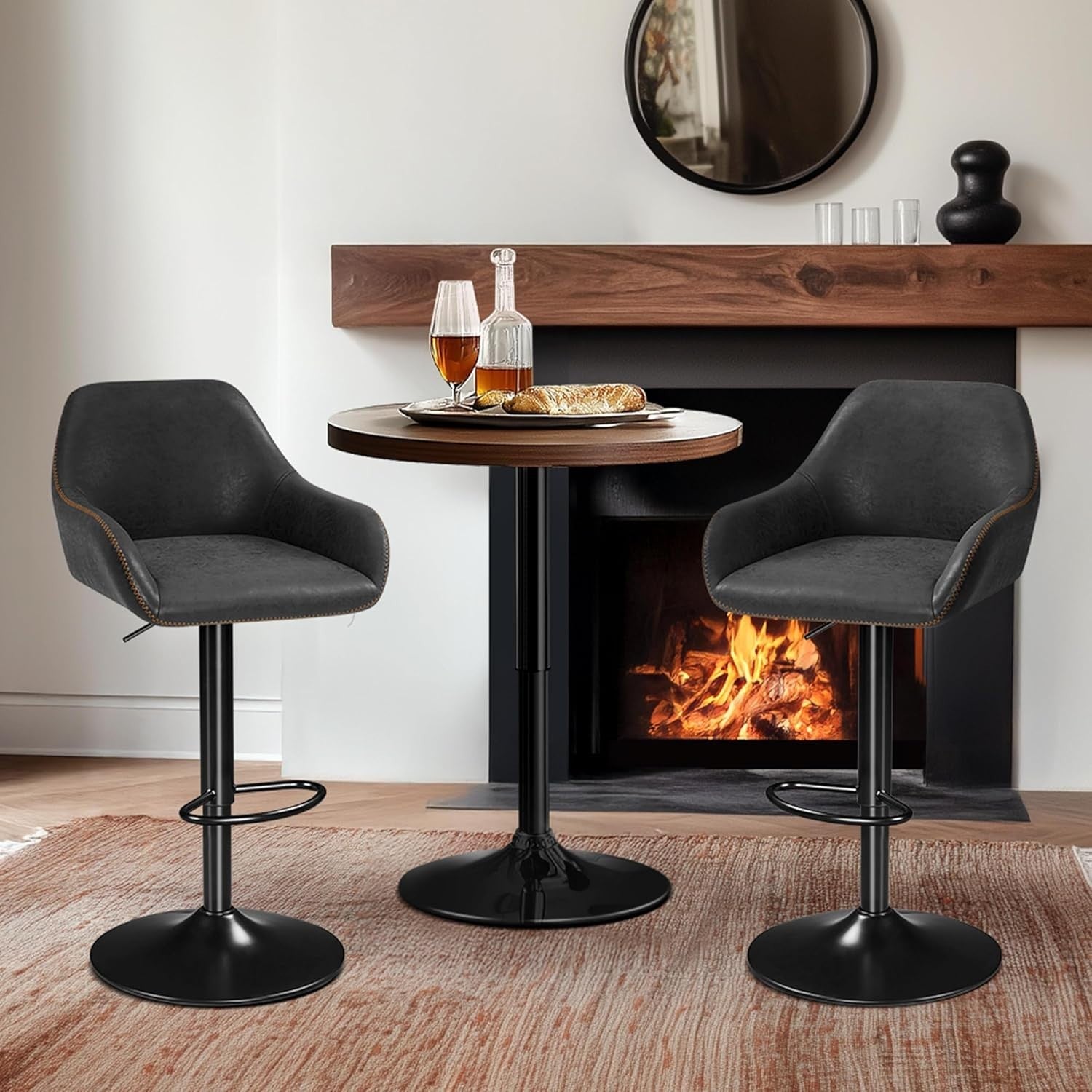 Adjustable Black Leather Bar Stools Set of 2 Swivel Counter Chairs