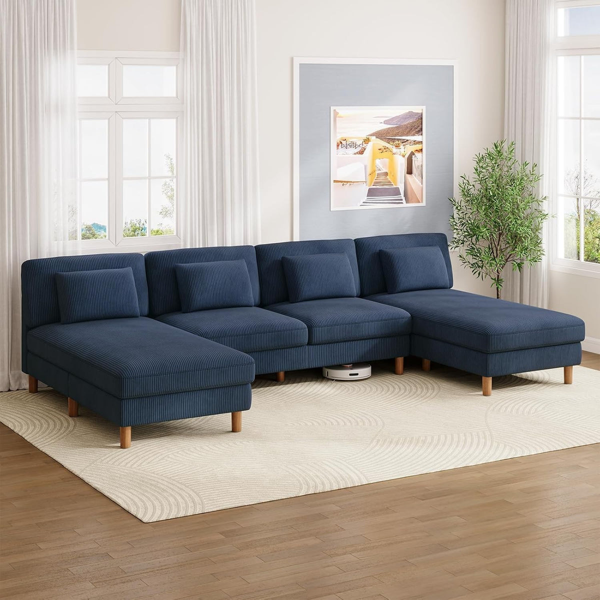 5 Seater U-Shaped Sofa Blue Corduroy with Double Chaise & Washable Covers