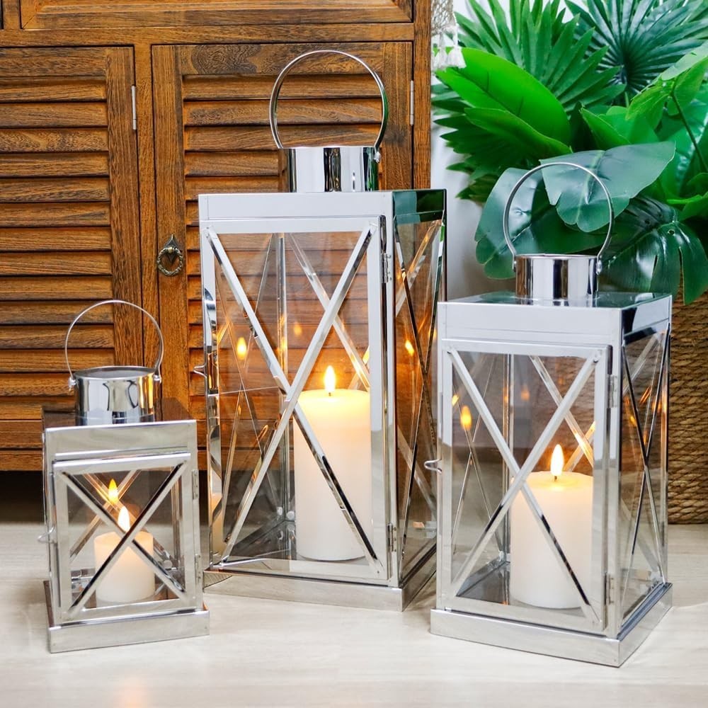 Set of 3 Gold Stainless Steel Lanterns Candle Holders