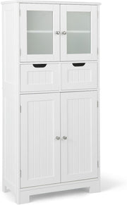 White Freestanding Storage Cabinet with Glass Doors & Drawers Shelves