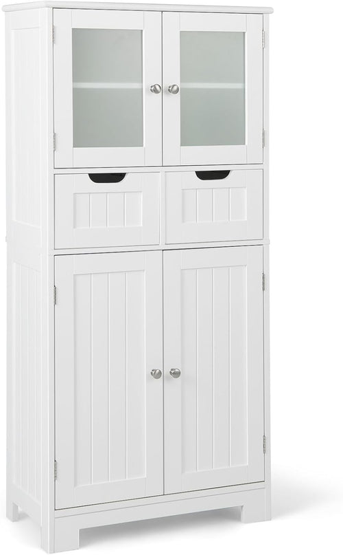 White Freestanding Storage Cabinet with Glass Doors & Drawers Shelves