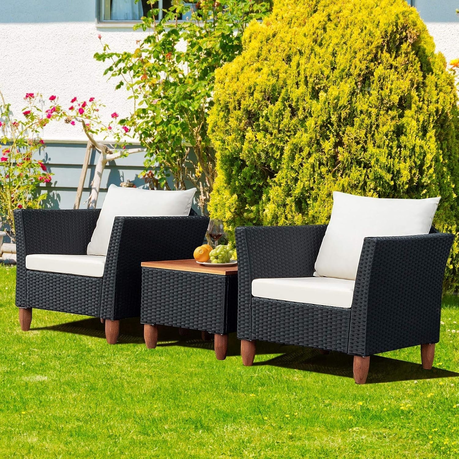 3pc Rattan Patio Set Garden Sofas w/ Cushions & Acacia Coffee Table