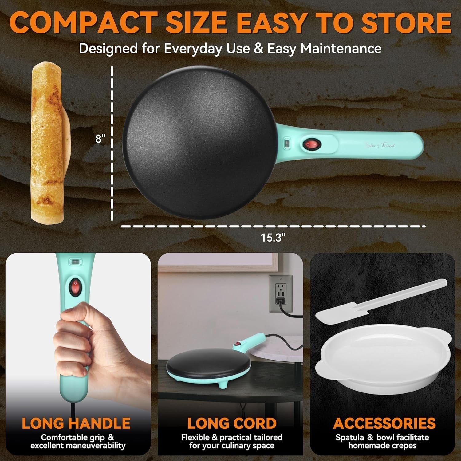 8" Electric Crepe Maker 800W Non-Stick Lightweight with Tools