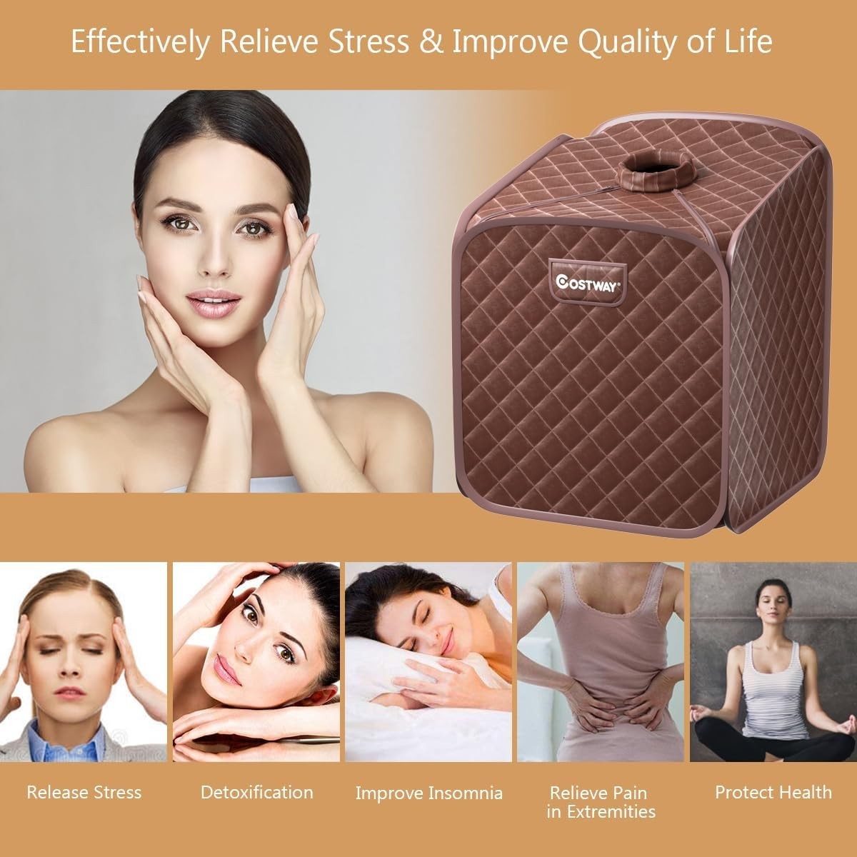Portable Steam Sauna Tent Full Body Spa w/ Chair Foot Roller & Remote (Coffee)