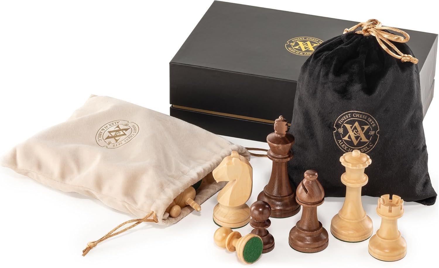 Triple Weighted Wooden Chess Pieces Set 3.75" King w/ Bags & Extra Queens