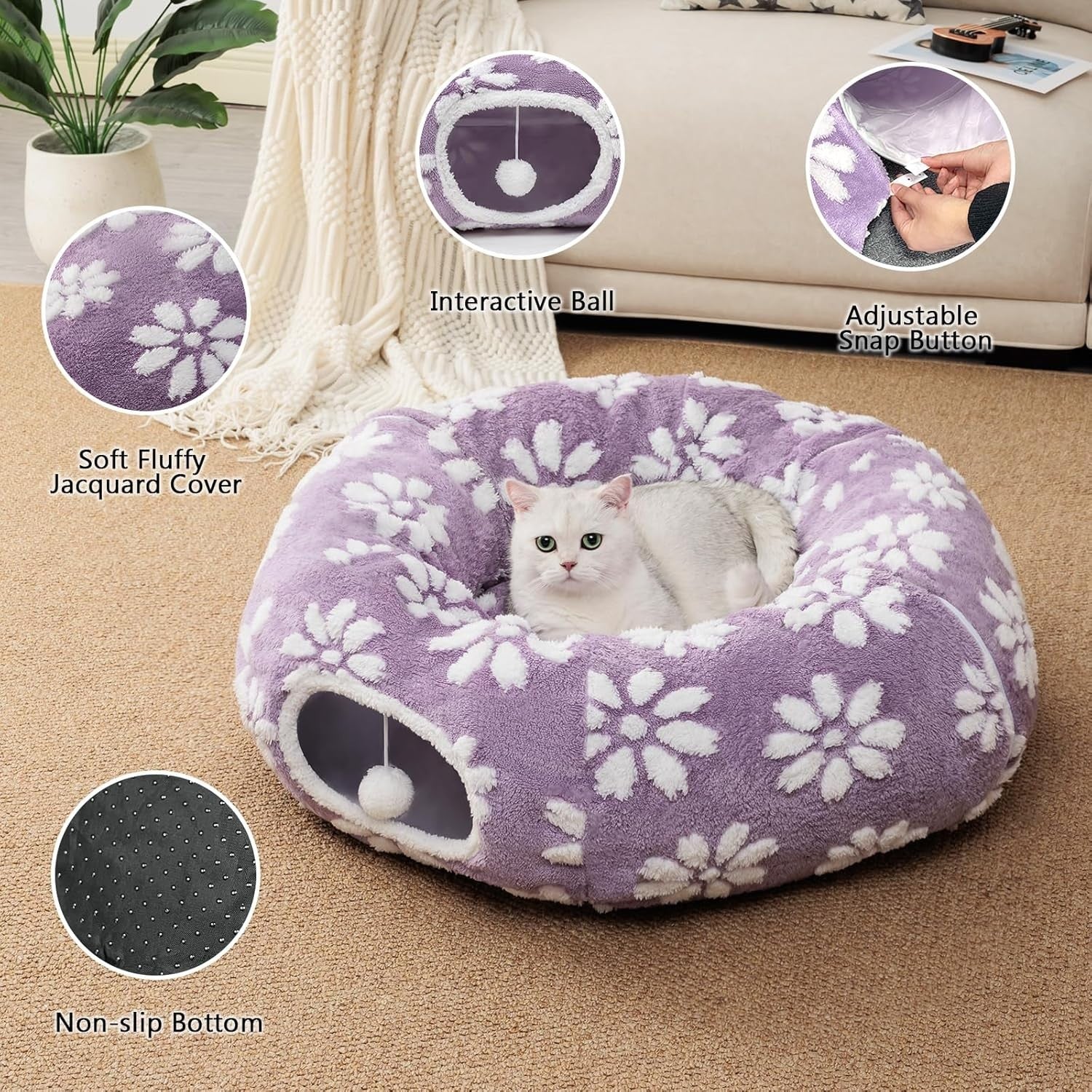 Cat Donut Tunnel Bed Peekaboo Cave w Cushion & Hanging Ball Purple