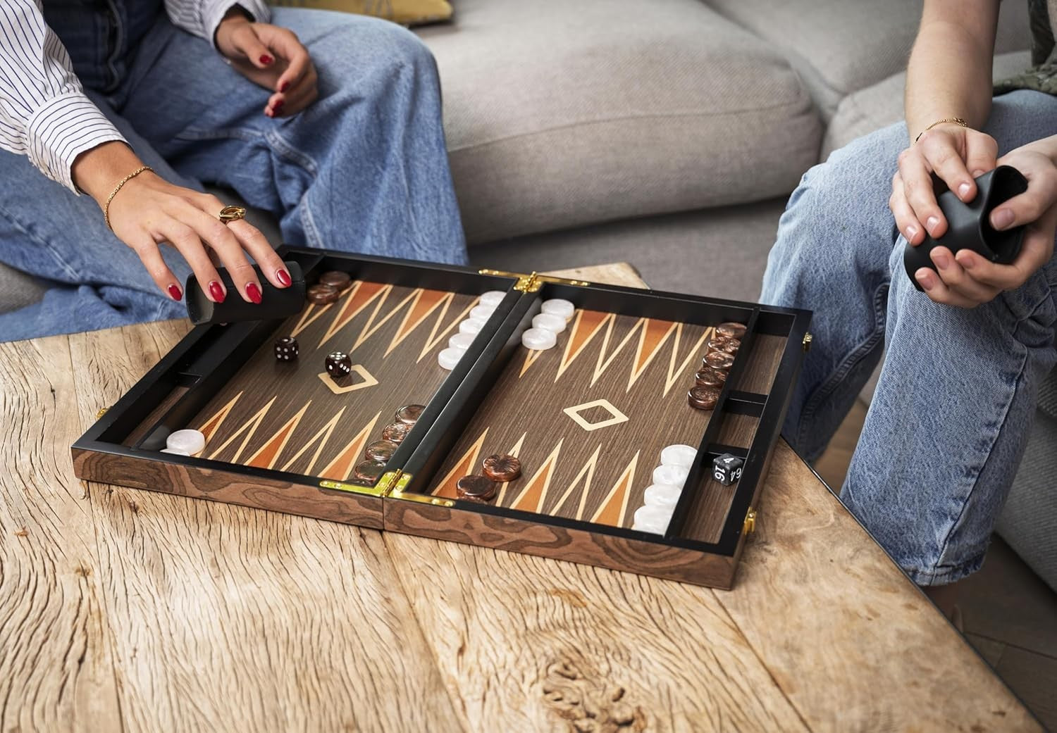 Deluxe 15in Wooden Backgammon Set Folding Luxury Board Game Travel Case