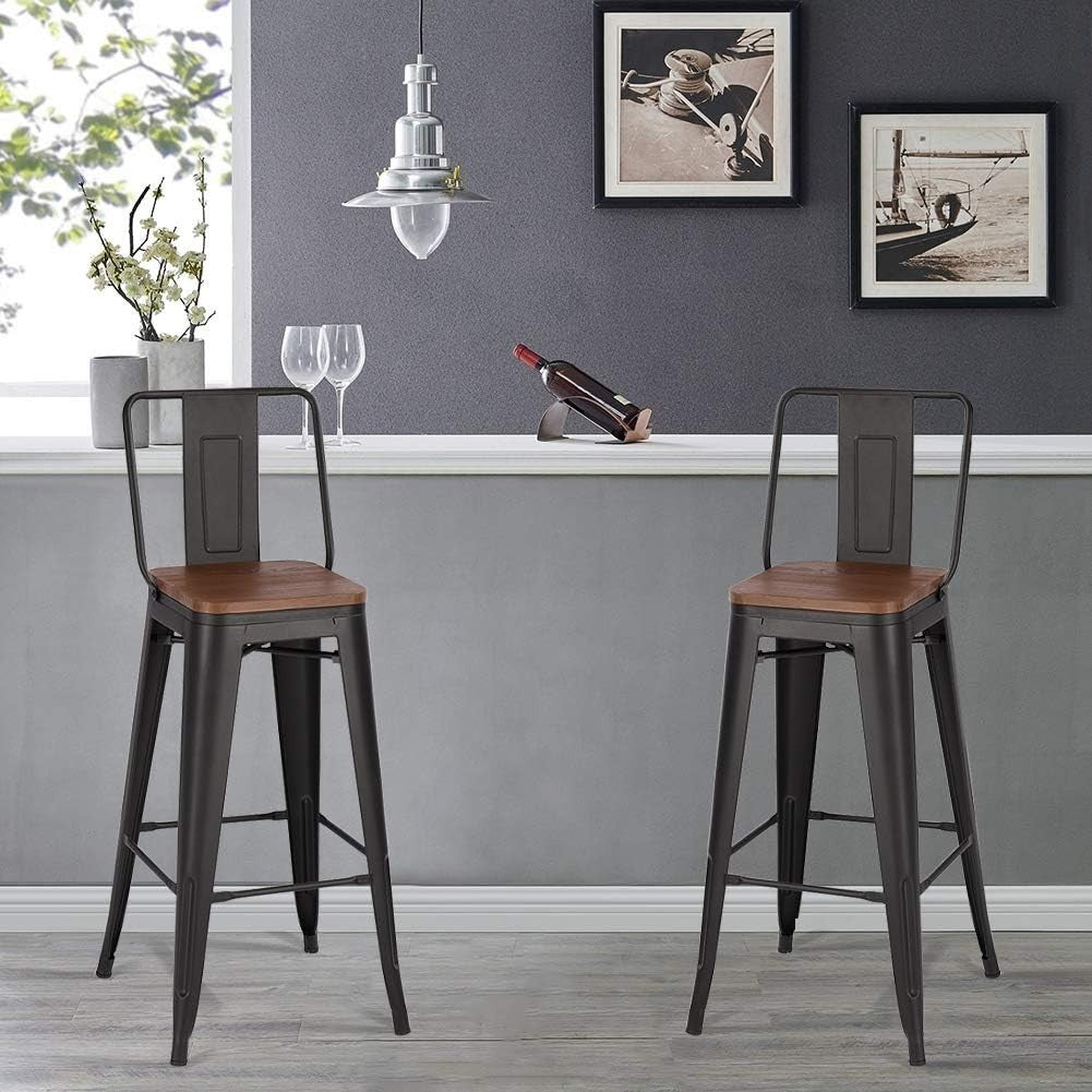 Set of 6 Industrial Black Bar Stools with Backrest & Footrest – Wood & Metal