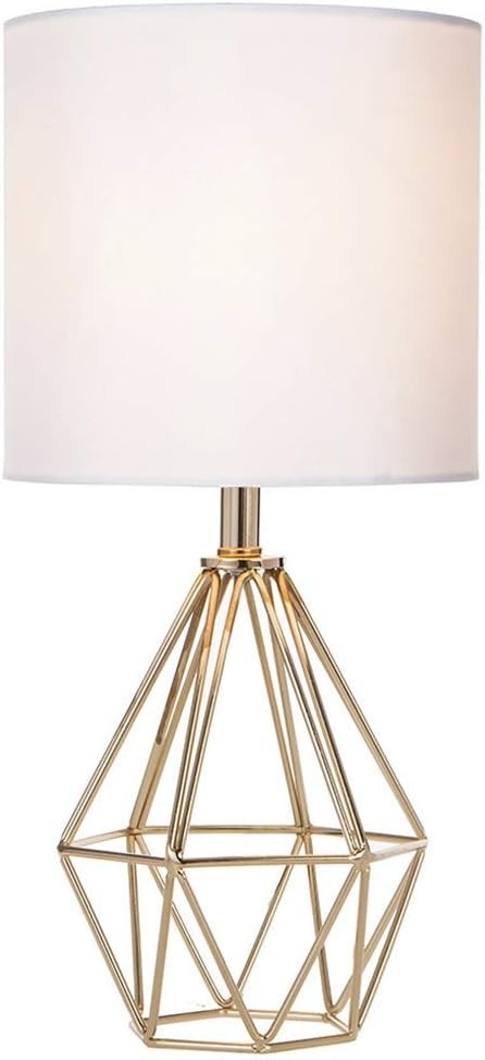 Gold Modern Small Table Lamp with Geometric Base & White Fabric Shade