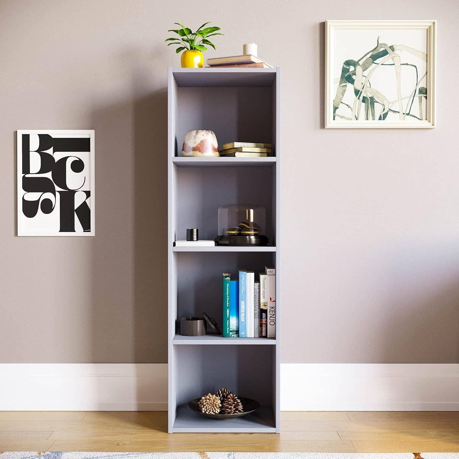 4 Tier Grey Wooden Cube Bookcase Small Storage Shelf for Living Room Office