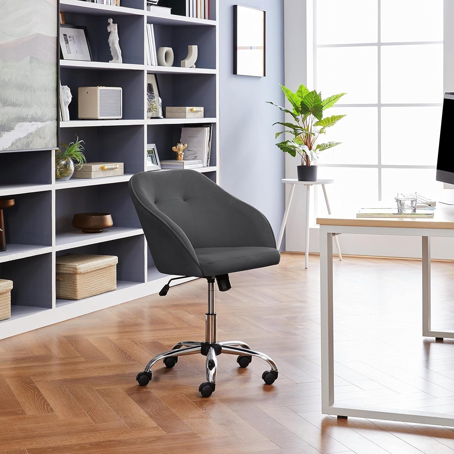 Ergonomic Grey Velvet Office Desk Chair Swivel Adjustable Height Home Armchair