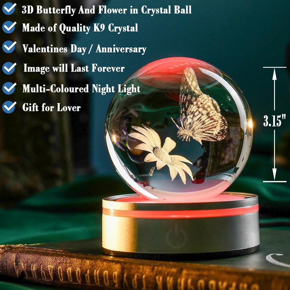 3D Butterfly Crystal Ball LED Light • Laser Etched Globe Ornament
