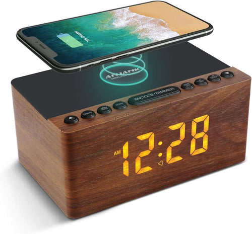 Wooden FM Radio Alarm Clock Wireless Charger USB Bedside Digital Display