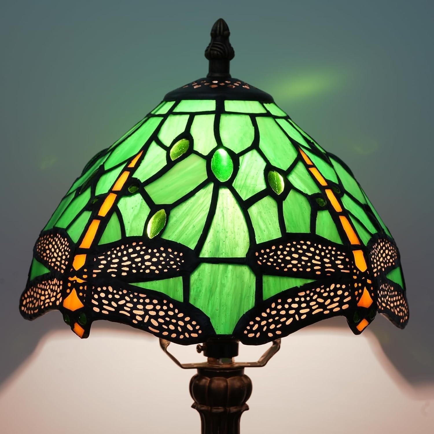 Green Dragonfly Stained Glass Table Lamp 8x14 Inch Bedside Light