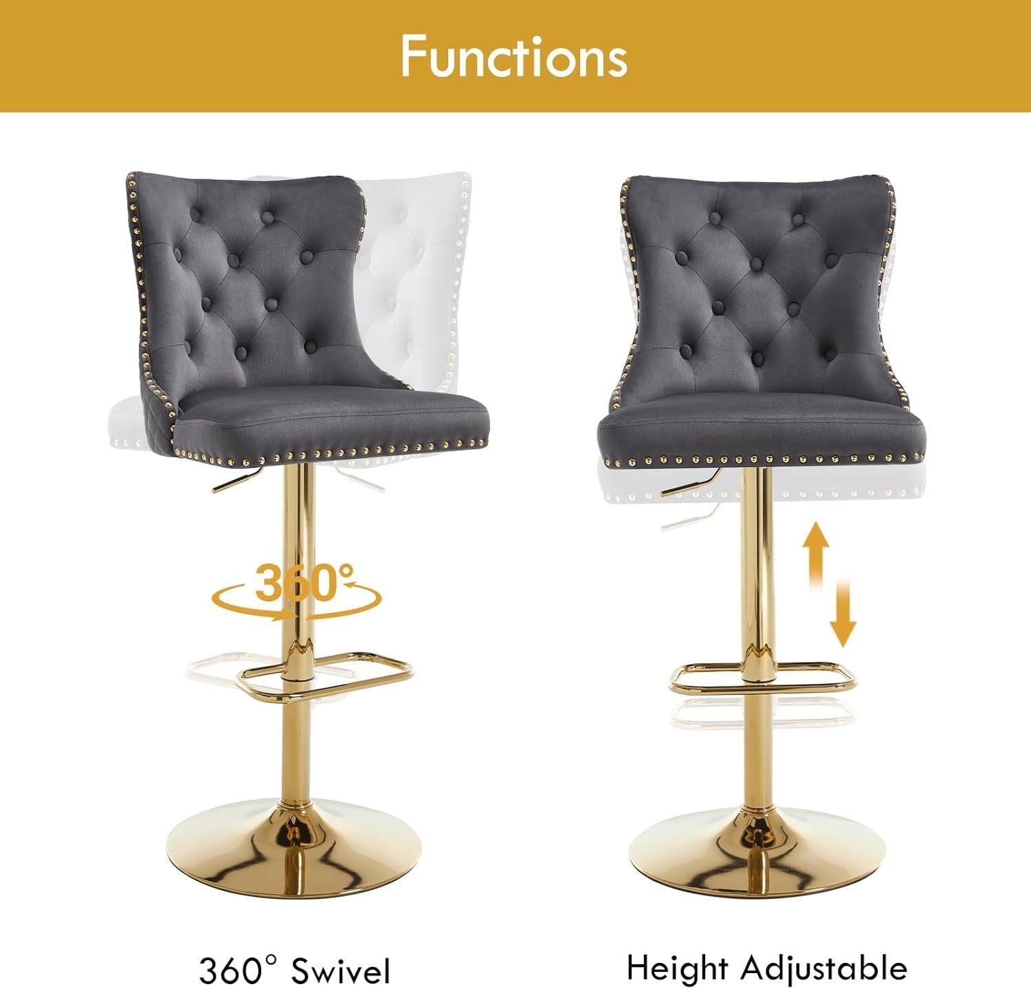 Velvet Bar Stools Set of 2 Dark Grey Gold Legs Adjustable Swivel Chairs