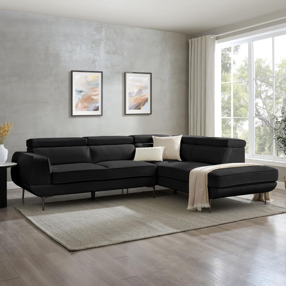5 Seater L-Shaped Velvet Sofa in Black with Adjustable Headrests & Metal Legs