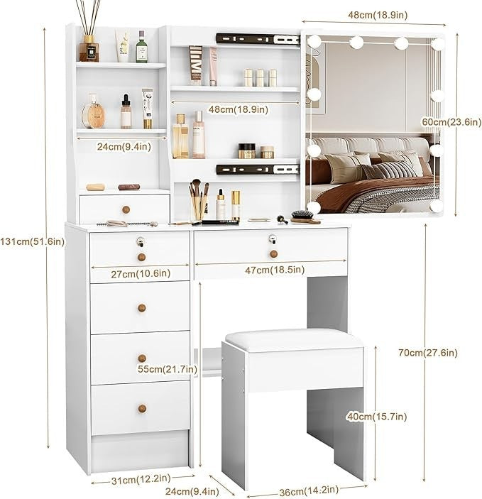 Modern Dressing Table Vanity Set Makeup Desk Mirror Stool Drawers Storage