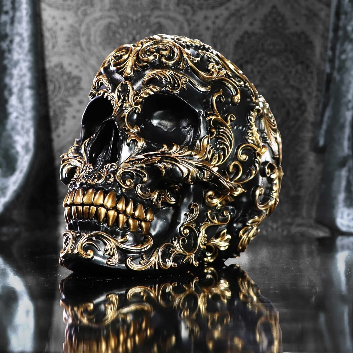 Baroque Skull Ornament 19cm Black Gold Resin Gothic Decor Ornate Display Piece