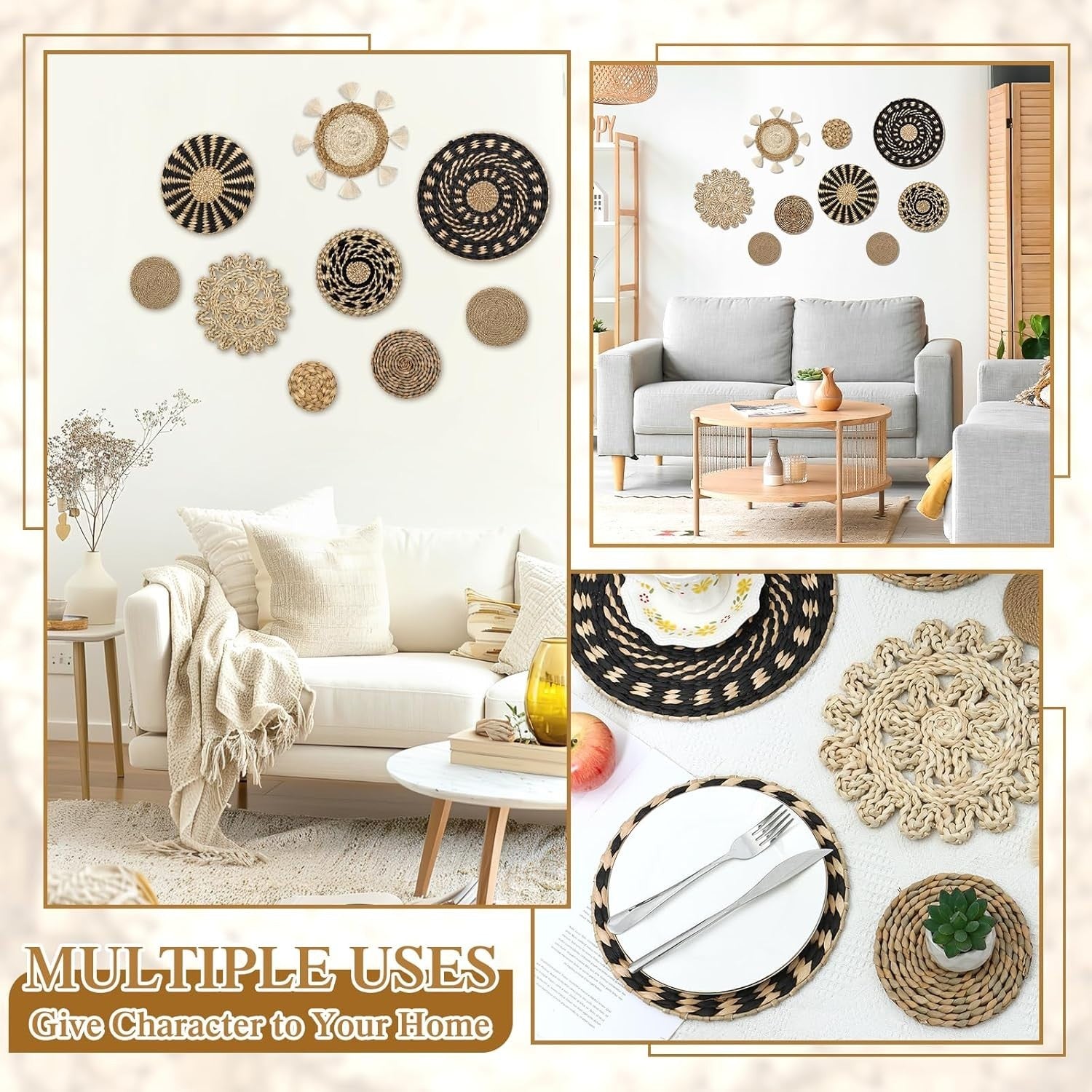 Boho Woven Wall Basket Set 9pcs Rattan Willow Round Decor